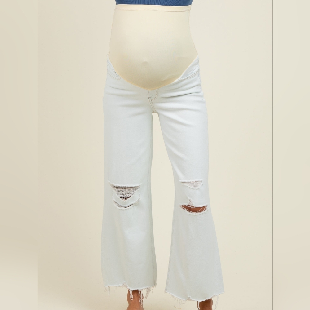 Pinkblush Light Blue Distressed Open Knee Cropped Wide Leg Maternity Jeans - Picture 2 of 12